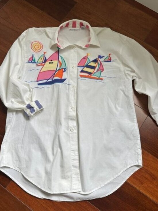 David Brooks Vintage Nautical Embroidered Shirt Retro Coastal 80s Sailboat Sze 6 - Picture 1 of 7